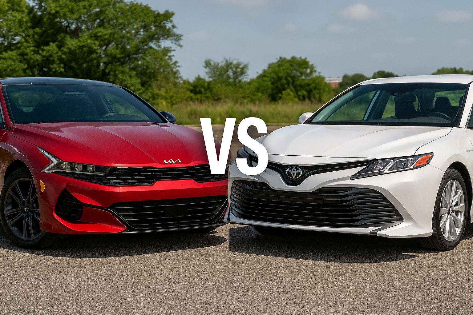 2025 Kia K5 in red and 2025 Toyota Camry in white parked side by side outdoors, divided by a bold VS line, representing a head-to-head sedan comparison for Kia of Daphne.