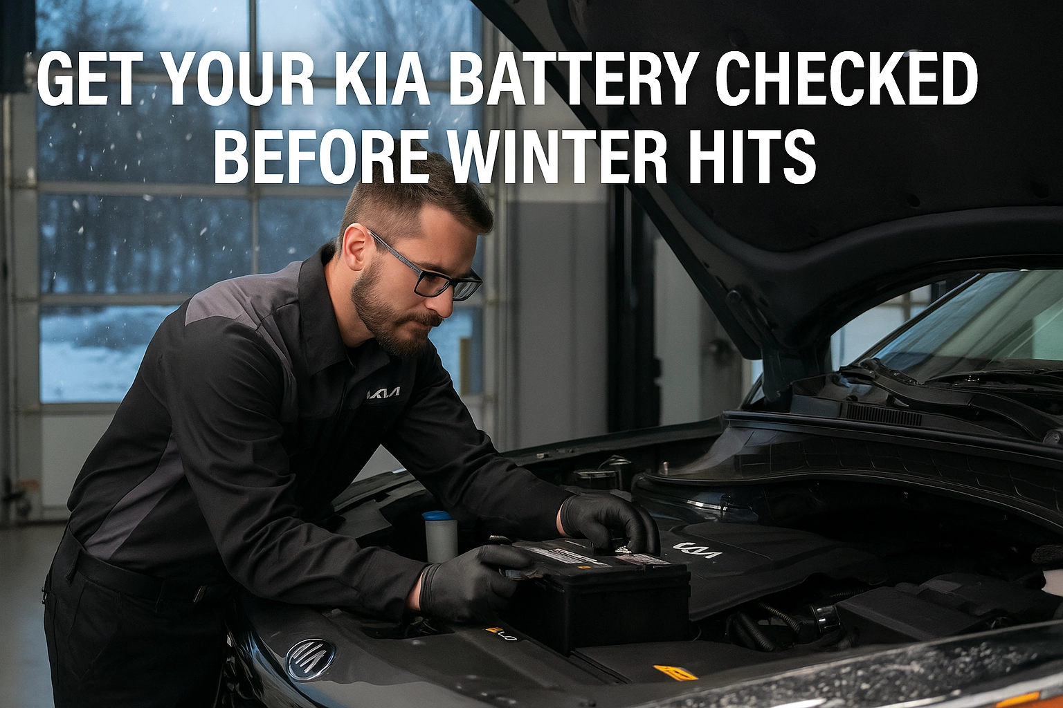 Kia-certified technician inspecting a car battery inside the Kia of Daphne service center, with snow visible outside the windows — representing a winter battery check for reliable vehicle performance.