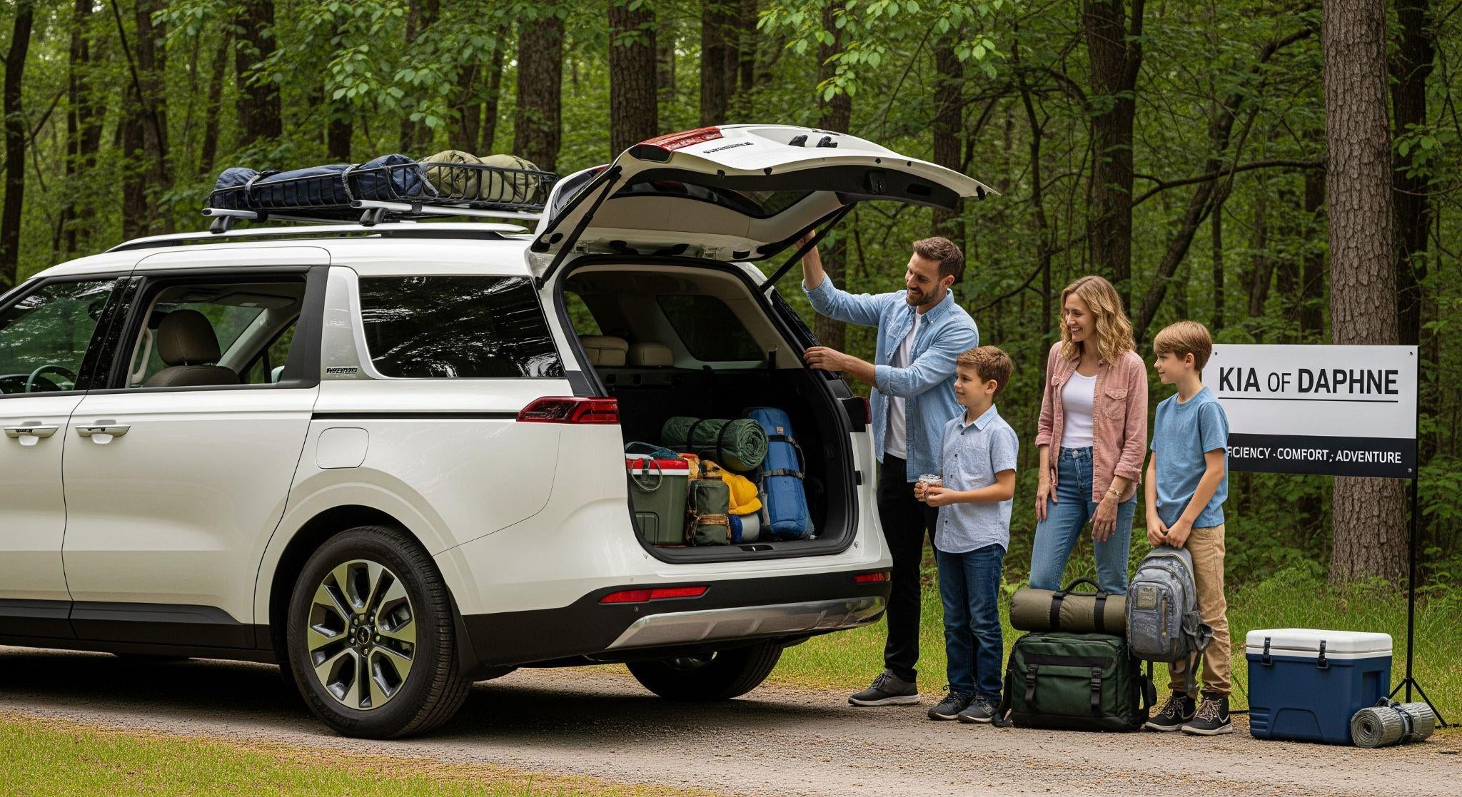 2026 Kia Carnival Hybrid parked on a gravel path near a forest, with camping gear beside it, showcasing its spacious interior and off-road-ready design.