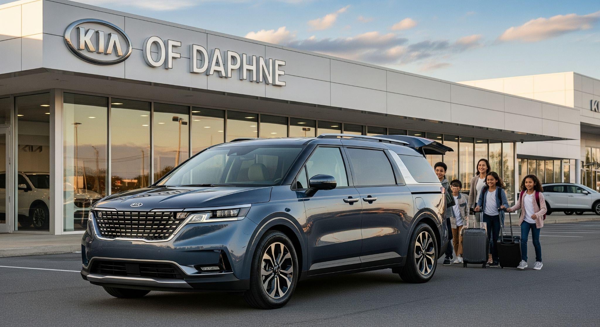 2026 Kia Carnival parked outside Kia of Daphne dealership, featuring bold SUV-like styling and roof rails, with a family walking toward the vehicle.